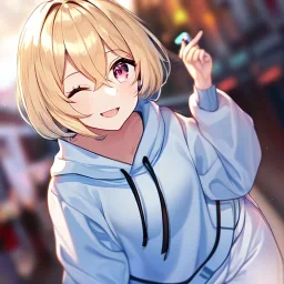 Clear focus, High resolution, short blonde hair, pink eyes, wearing a light blue and white oversized hoodie, wearing white shorts, hair between eyes, smiling, eyes closed