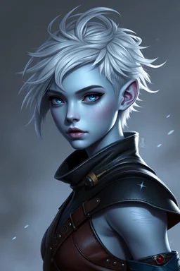 create a young female air genasi from dungeons and dragons, light blue skin, white short hair, undercut, piercing blue eyes, wind like hair, wearing hot leather clothing that also looks studded, magic runes on her cheeks, realistic, digital art, high resolution, strong lighting