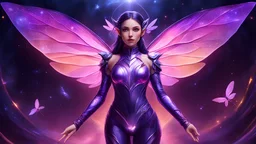 (masterpiece, top quality, best quality, official art, beautiful and aesthetic:1.2),(radial composition:1.2),(1 girl:1.2),a space elf with dragonfly_wings wearing bodysuit made of purple|pink polished (trasparent glowing amber:1.2),suspended in air,hoverings in space,filished (three dimensional polymer) /(texture/),cosmic neural network,(fluid pattern bodysuit:1.2),starry galaxy (nebula:1.2) in background,(iridescent,vivid fancy neon color),symmetrical balance,glowing rainbow color long hair