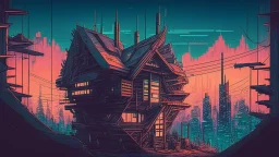 small Wooden European Cabin, In cyberpunk city-skyline, comic style