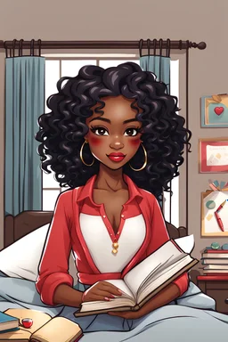 close up of a cute chibi illustration of a black girl teen art with long black curly hair, wearing red lipstick, sitting on her bed, in her bedroom holding her schoolbooks, she has large brown eyes, wearing a cute outfit, in the style of VASHT, HARRISON, GORDON C. JAMES, PRINCESS KARIBO, --no extra limbs