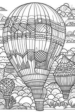 A colorful hot air balloon festival.coloring book page, simple and clean line art, adult drawing book, black and white, crisp black lines, no shades, sharp lines, coloring book for adults, cartoon style, landscape