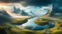 Mythical world of ancient Scandinavian, Celtic and Slavic gods, Valhalla, heaven and hell, realistic image, fantasy world of the future, high resolution. The scenery is awe-inspiring. Colour photograph.