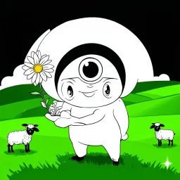 Make black and white cute drawing of a Cyclops with black bold lines. Only outline, no grayscale. A kind and gentle cyclops holding a flower in one hand, with a single large eye that sparkles. Place him in a green valley surrounded by sheep, emphasizing his softer side.