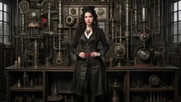 full-length portrait of a pale-faced woman with dark wavy shoulder-length hair, with detailed steampunk metal arms and legs, dressed like a Victorian, in a laboratory full of small machines