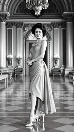 Elizabeth Taylor standing in a royal hall with very beautiful dress and high heels