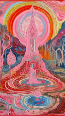 A pink magical realm with rune spells designed in Navajo yarn painted by Edvard Munch