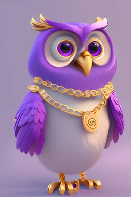 A cartoon character in Disney style with a funny perfect detailed realistic purple owl, rosy cheeks ,put a gold neckless, 8k, white paper background ,3d