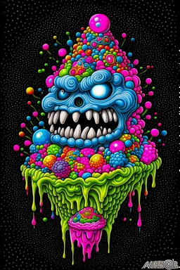 Monster made of ice cream, candy, gum drops, sprinkles tattoo design, traditional tattoo style, t-shirt design, fantasy art, digital painting, clean dark background, 8K by R. crumb, Todd Schorr, Robert Williams, Alex Alemany