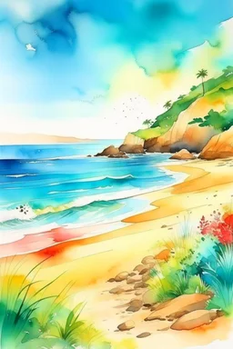 create colored cover paint,beach landscape ink with smooth light watercolor,illustration design covers all the page,brilliant colors