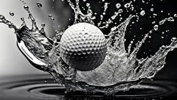 close up of golf ball plunging in water, splashing, hyper realistic, big contrast , black and white