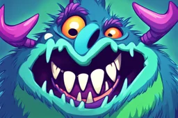 closeup of a smiling monster's face, big teeth, fur, bumps and horns, my pet monster inspiration, urban character design