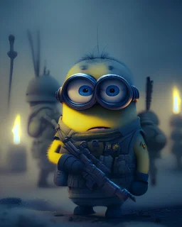 a minion at the frontlines in the army at night with his platoon fighting, slava ukraine, key lighting, soft lights, foggy, by steve haris, by lisa yuskavage, by serov valentin, by tarkosvky, 8 k render, detailed, cute cartoon style, very cute adorable face