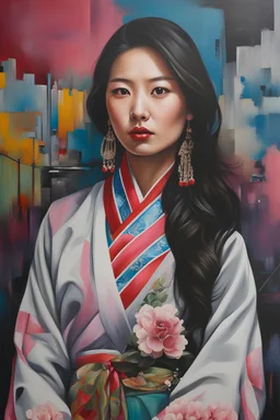 ultra detailed urban modern portrait painting of a Korean woman in a modern hanbok with urban graffiti background