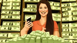 lady with fat sausages for fingers trying to use her iphone next to stacks of cash