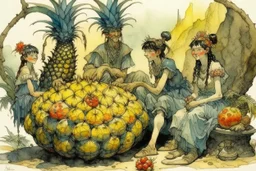 Italian men and women sitting around a pineapple pizza, watching in horror beautiful intricate, soft delicate watercolor, dramatic, perfect composition, by Arthur Rackham Modifiers: highly detailed intricate very attractive beautiful fantastic view watercolor Arthur Rackham Jean-Baptiste Monge Egon Schiele muted tones professional Enki Bilal patchwork watercolor and ink Xuan Loc Xuan