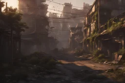 side view,sity street with vegetation and lots of detail,post-apocalyptic sunrise atmosphere