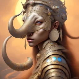 Sango fantasy, fantasy magic, intricate, sharp focus, illustration, highly detailed, digital painting, concept art, matte, art germ and Paul Lewin and Kehinde Wiley, masterpiece silver elephant head bronze Asian African girl nice breast Hawaiian hair turquoise golden waves