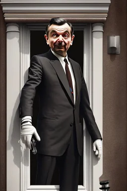 mr bean as the mafia godfather wearing gloves, balcony on casino top floor, 4k, trending art, weird perspective, realism, spray paint, detailed