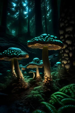 Gigantic luminescent morel mushrooms in a dark enchanted forest
