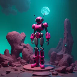 A hyper-realistic 3D Surreal digital painting, magenta droid mechanic, rich deep teal background, dreamlike imagery, fantastical elements, perfect body ,dymond , boots