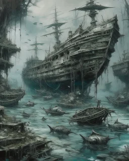 A gray underwater with sunken steel pirate ships painted by Cai Jia