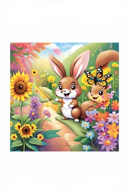 The cute bunny excitedly looks at a bright yellow sunflower in the colorful garden, the beautiful butterfly and friendly brown squirrel are smiling, child book illustration style, faces must be the same as reference image