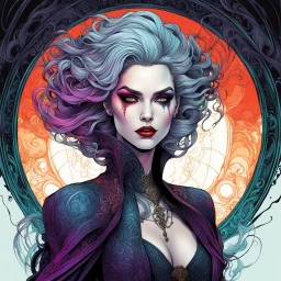 full color full body illustration of a surreal, ethereal, futuristic female vampire time traveler, with highly detailed hair and facial features in the style of Sveta Dorosheva and Travis Charest, detailed and sharply defined line work and inking, vibrant natural color palette, 4k, on an ornate abstract background