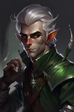 Portrait of male rogue elf, mauve hair, bright green eyes, disheveled, smoking cigarette, bow and arrow, black leather armor