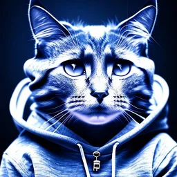 sad cat wearing a blue hoodie, studioportrait, dramatic lighting