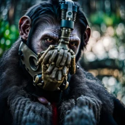 Cyborg, Ape, Primate, hominid, breathing device, gas mask, respirator Christopher Nolan, Dystopian, Extreme depth of field, bokeh blur, Alberta, all-natural, in the style of candid, Fuji Film, Anamorphic lens