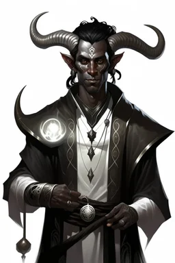 En Young male Black skin black hair tiefling Wizard with large horns glowing Silver and White symbols