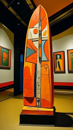 An orange colored technologic obelisk painted by Pablo Picasso