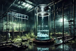abandoned lab, a large glass tube filled with water and an experiment, post-apocalyptic style, night