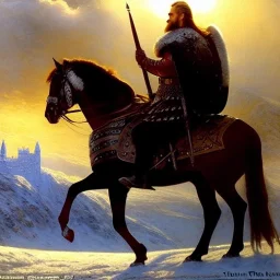 portrait of 'The Northman-Viking King on horse',ancient metal armor,castle,army, snow, cold, painting by gaston bussiere, greg rutkowski, yoji shinkawa, yoshitaka amano, tsutomu nihei, donato giancola, tim hildebrandt, evan lee,oil on canvas, cinematic composition, extreme detail,fit full head inside picture,16k