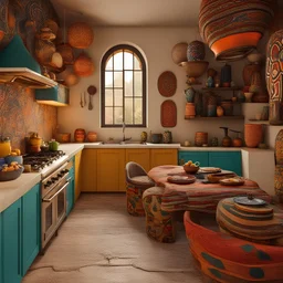 A whimsical and vibrant Nubian-style rustic kitchen fully equipped featuring white cave rocks as decor. The room showcases colorful artistic Nubian furniture, intricate patterns, and designs under warm lighting. Cozy seating arrangements invite you in, creating a visually stunning and culturally rich aesthetic. With a playful and eclectic atmosphere, mixing textures and colors, the room exudes an epic realism in cinematic 8K quality.