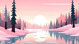 cartoon illustration: ice frozen lake with pines and pink sky