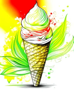 line sketch of a single ice cream with an ice cream cone, the ice cream is half colored with vibrant colors and half in white, red yellow, and green very bright colors, and tulipe flowers in the background, lots of colors