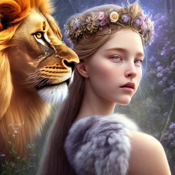 Young beautiful girl wearing floral crown and next to a stunning lion on nature forest path, Chronicles of Narnia, 8k resolution, high-quality, fine-detail, iridescent, intricate, digital art, detailed matte, volumetric lighting, beautiful, illustration, 3D octane render, brian froud, howard lyon, selina french, anna dittmann, annie stokes, lisa parker, greg rutowski,