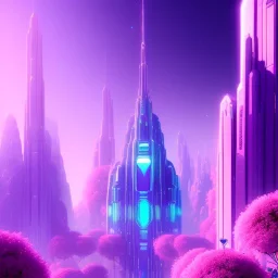 A very beautiful futuristic city, elegant, small crystal edifices, atmospheric, realistic, cinematic lighting, pink blue light, 8k, galactic atmosphere, flowers