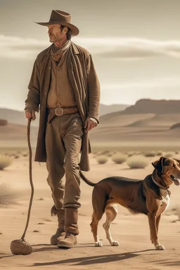 Full body cowboy in a desert with a dog and fancy walking stick