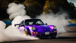 white fading to purple tuned Porsche Turbo S drifting in the white smoke, rear view, cinematic, luxurious --chaos 80 --ar 16:9 --style raw --stylize 700