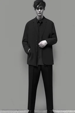 Long black formal jacket with a black shirt and gray pants Photorealistic