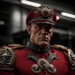 A 3/4 photography shot of john cena portrayed as M.Bison a character from Street Fighter. fine details red military uniform with silver shoulder plates, wrist bands, and shin guards. on his peaked/service cap is the skull insignia. fine hyper-detailed mean face. professional photo, high resolution, high detail, 40mm lens, correct angle. in fighting stance. japanese dojo background