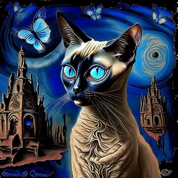 Starry night and Siamese cat, digital painting, fantasy, illustration, hyperdetailed, high definition, crisp quality, horror, dark, surreal, Weird, Tim Burton, creepy, Graphic novel, maximalist, Dr. Seuss, haunting, bizarre, frightening, Terry Gilliam, vintage, illustration