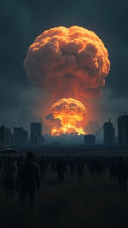 A field of random people in a good lighting at the end of the picture a dark sky with a glowing stars sky and a destroyed buildings in the background with a huge nuke explosion in the back