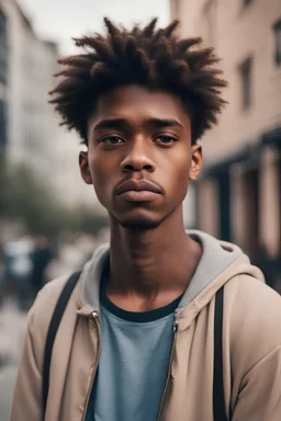 Cool sad lonely young African American guy standing at city street. Stylish serious pensive sensitive vulnerable ethnic rebel hipster gen z teen boy looking at camera outdoors, close up portrait.