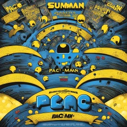 Dramatic movie poster art for blockbuster summer movie for "PACMAN", Pac-man avatar and pac-man video game motifs, digital art, text: "PACMAN", poster art,