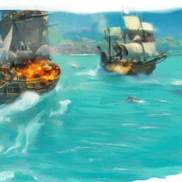 Two pirate ships fight each other at sea. Firing cannons.