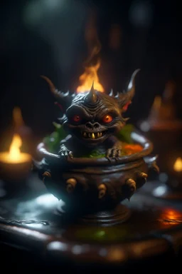 nightmare, cauldron with shining sigil and containing a slightly demonic alien imp gremlin in it, prize winning oil painting, ,bokeh like f/0.8, tilt-shift lens 8k, high detail, smooth render, down-light, unreal engine